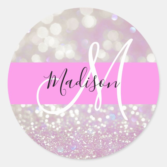 Girl Lilac Shimmer Glitzer Glitzern Monogram Name Runder Aufkleber (Vorderseite)