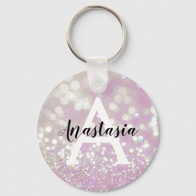 Girl Lilac Shimmer Glitzer Glitzern Monogram Name Schlüsselanhänger (Vorderseite)