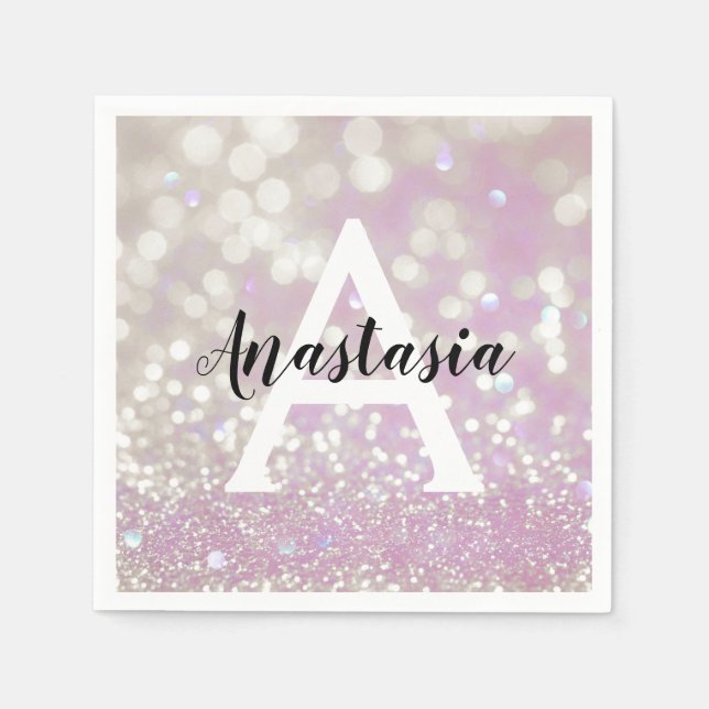 Girl Lilac Shimmer Glitzer Glitzern Monogram Name Serviette (Vorderseite)