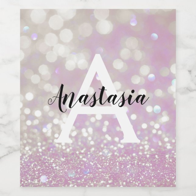 Girl Lilac Shimmer Glitzer Glitzern Monogram Name Weinetikett (Einzelnes Label)