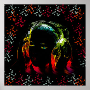Girl Listing Music Headphones Neon Colors Geschenk Poster