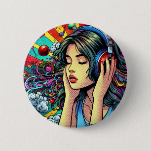 Girl Listing to Music on Headphones Psychedelic Button