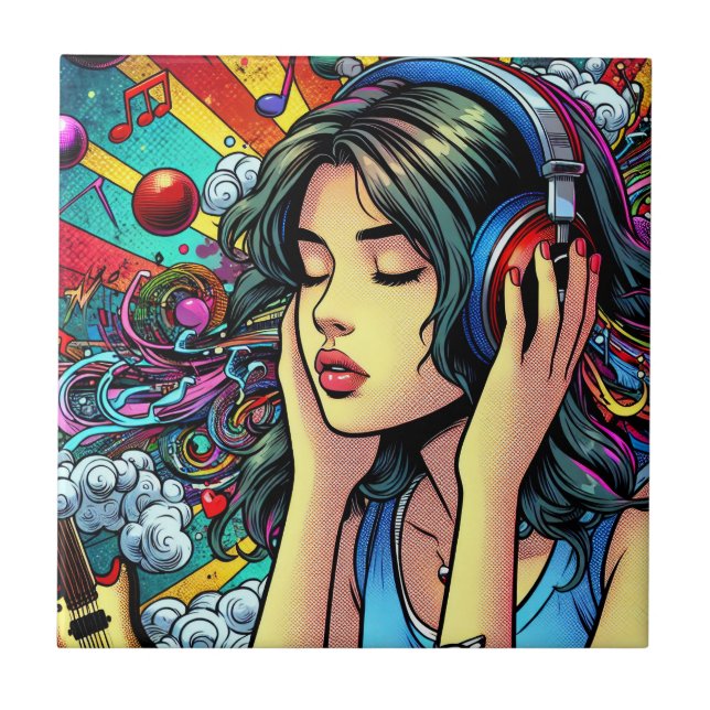 Girl Listing to Music on Headphones Psychedelic Fliese (Vorderseite)