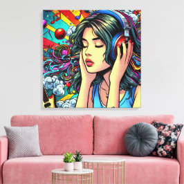 Girl Listing to Music on Headphones Psychedelic Leinwanddruck