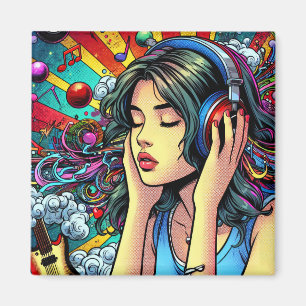 Girl Listing to Music on Headphones Psychedelic Magnet