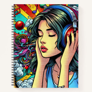 Girl Listing to Music on Headphones Psychedelic Notizbuch