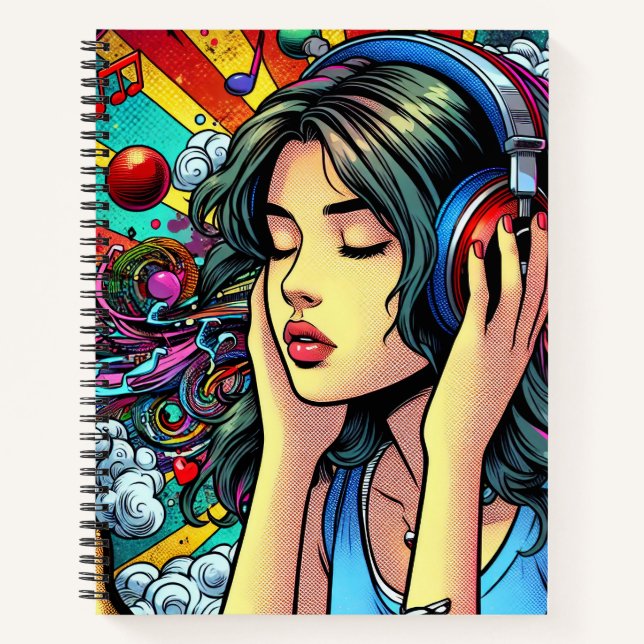 Girl Listing to Music on Headphones Psychedelic Notizbuch (Vorderseite)