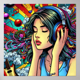 Girl Listing to Music on Headphones Psychedelic Poster
