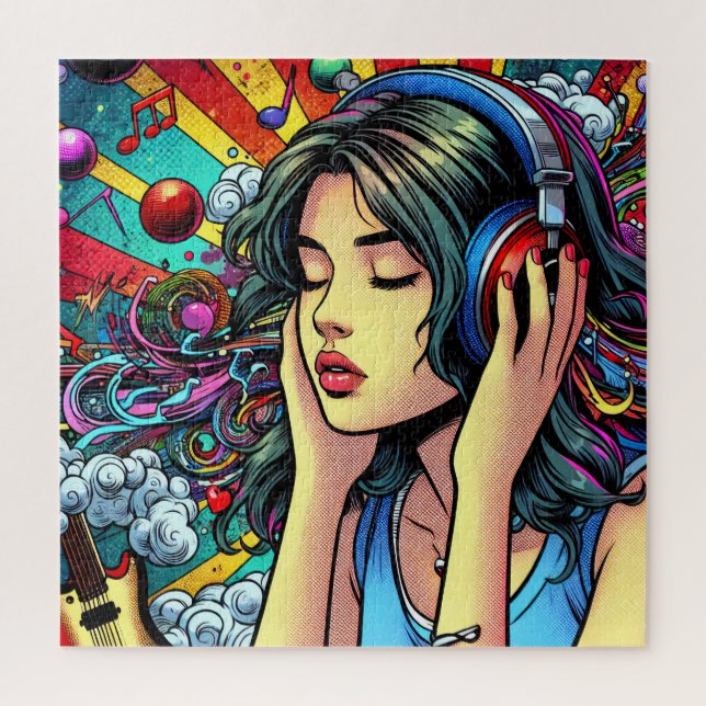 Girl Listing to Music on Headphones Psychedelic Puzzle (Vertikal)