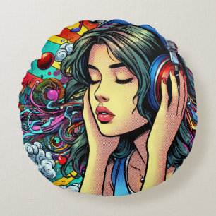 Girl Listing to Music on Headphones Psychedelic Rundes Kissen
