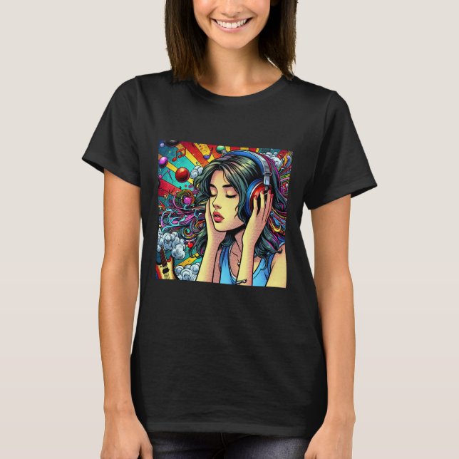 Girl Listing to Music on Headphones Psychedelic T-Shirt (Vorderseite)