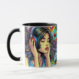 Girl Listing to Music on Headphones Psychedelic Tasse