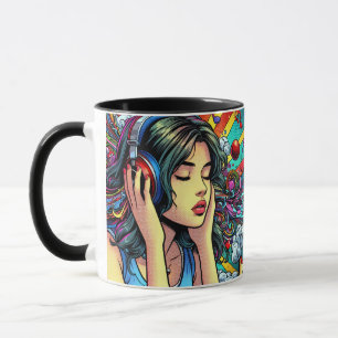 Girl Listing to Music on Headphones Psychedelic Tasse