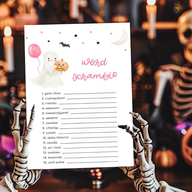 Girl Little Boo ist fast fertig mit Word Scramble  (A Little Boo Baby Shower Word Scramble Game)