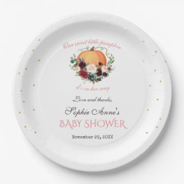 Girl Little Pumpkin Burgundy Floral Baby Shower Pappteller