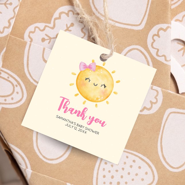 Girl Little Ray of Sunshine Baby Shower Square Geschenkanhänger (Little Ray of Sunshine Boho Baby Shower Square Favor Tags)