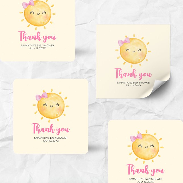 Girl Little Ray of Sunshine Baby Shower Square Quadratischer Aufkleber (Little Ray of Sunshine Boho Baby Shower Square Sticker)