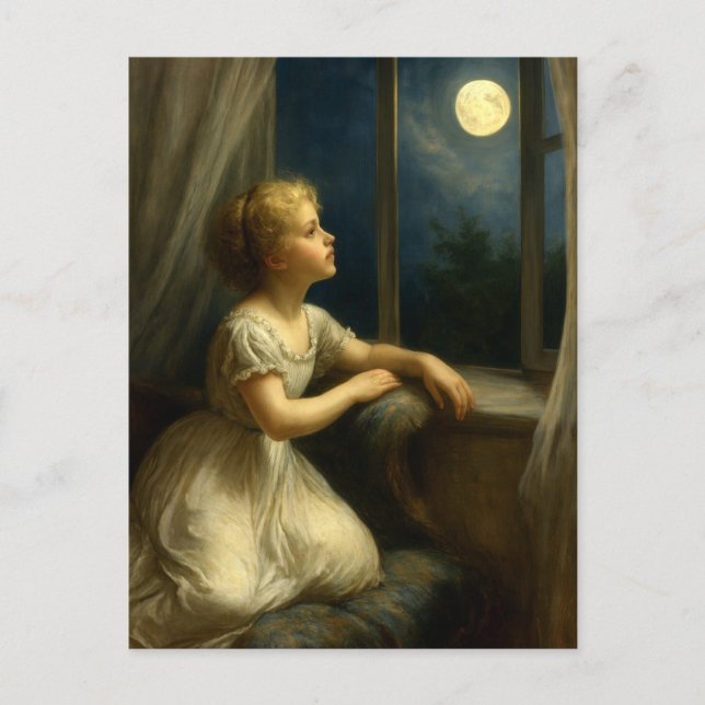 Girl Looking At A Full Moon Through Window Postkarte (Vorderseite)