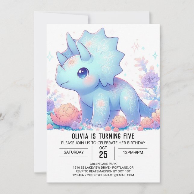 Girl Magical Dinosaur Digital Geburtstag Einladung (Vorderseite)