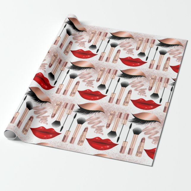 Girl Makeup Lips Eyes Muster Rose Gold Geschenkpapier (Ungerollt)