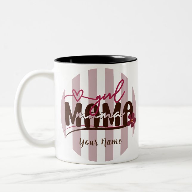 Girl Mama Stripes Circle Minimalistisches Design Zweifarbige Tasse (Links)