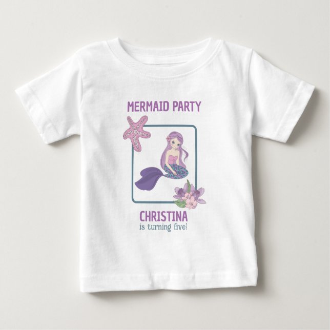 Girl Mermaid Birthday Party Aquamarin Lila Baby T-shirt (Vorderseite)