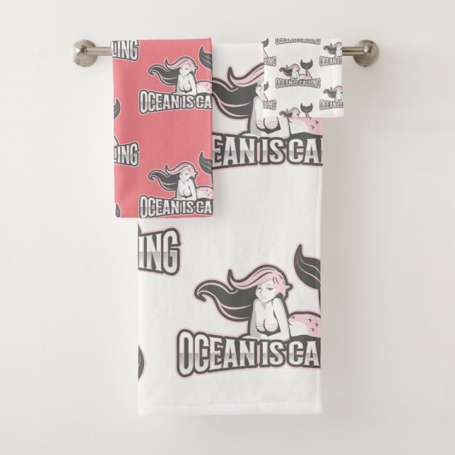 Girl Mermaid Crew Party Rosa Weiß Badhandtuch Set (Insitu)