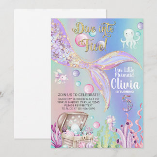 Girl mermaid watercolor and gold birthday invite. einladung