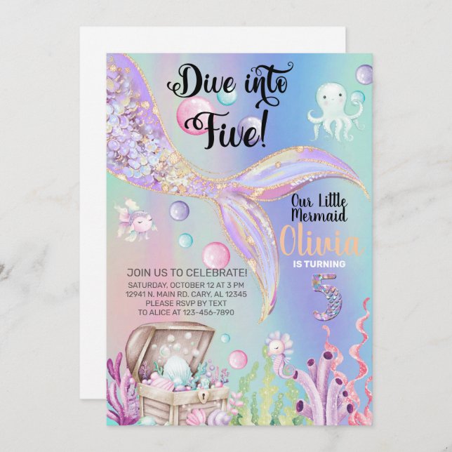 Girl mermaid watercolor and gold birthday invite. einladung (Vorne/Hinten)