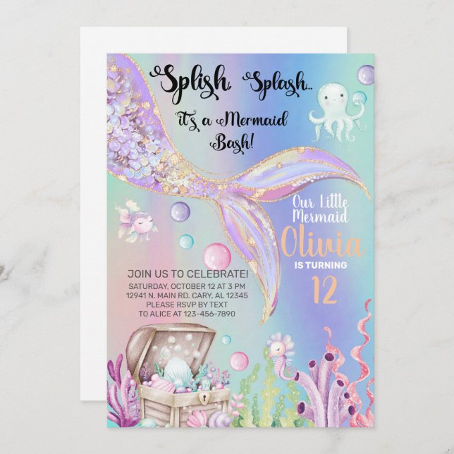 Girl mermaid watercolor and gold birthday invite. einladung (Vorne/Hinten)