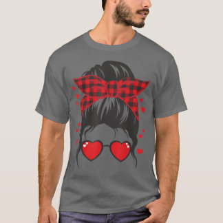 Girl Messy Bun Buffalo Kariert Heart Valentines T-Shirt