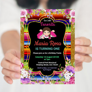 Girl Mexican Fiesta Floral Einladung zum 1. Geburt