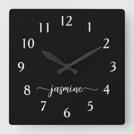 Girl-Minimalistische Monogram Name Script Black Quadratische Wanduhr