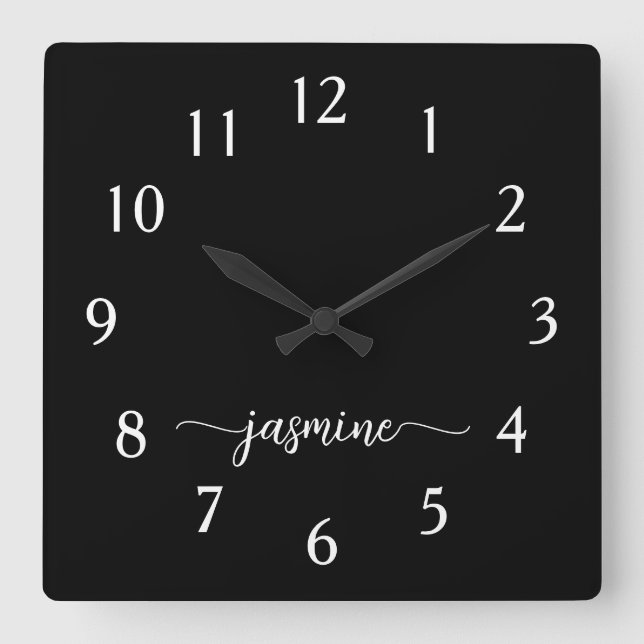 Girl-Minimalistische Monogram Name Script Black Quadratische Wanduhr (Vorderseite)