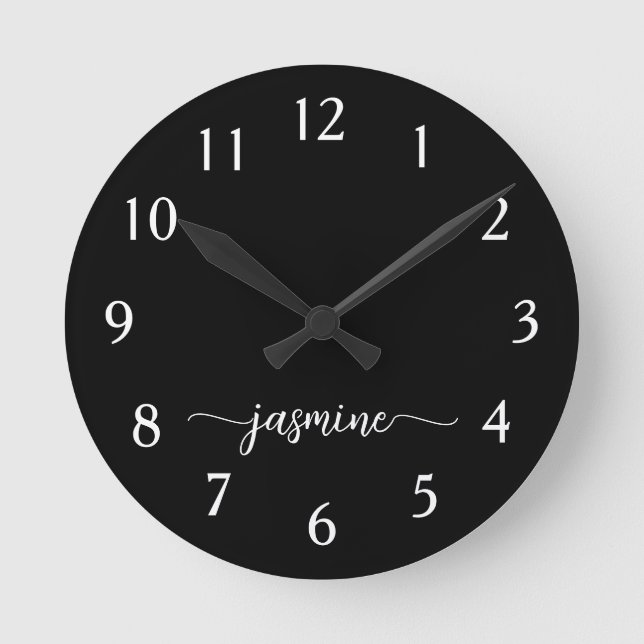Girl-Minimalistische Monogram Name Script Black Runde Wanduhr (Vorderseite)