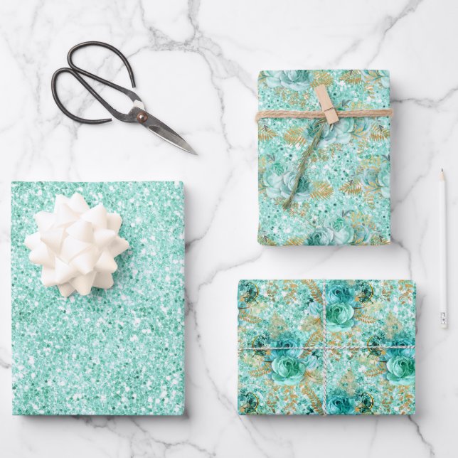 Girl Mint Gold Glitzer Floral Geschenkpapier Set (Vorderseite)