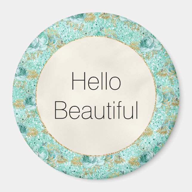Girl Mint Gold Glitzer Floral Magnet (Vorne)