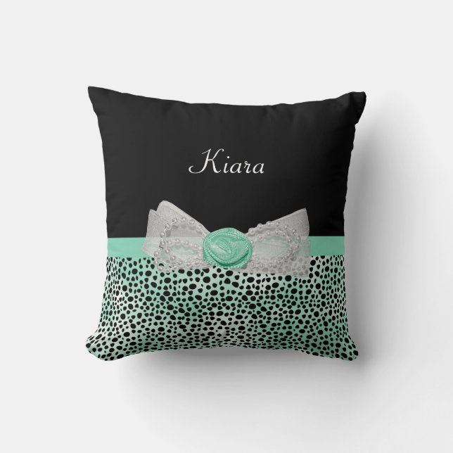 Girl Mint Green Cheetah Print Niedlich Bow mit Nam Kissen (Vorderseite)