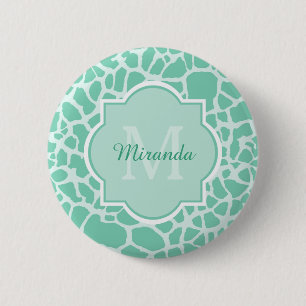 Girl Mint Green Giraffe Print Monogram und Name Button