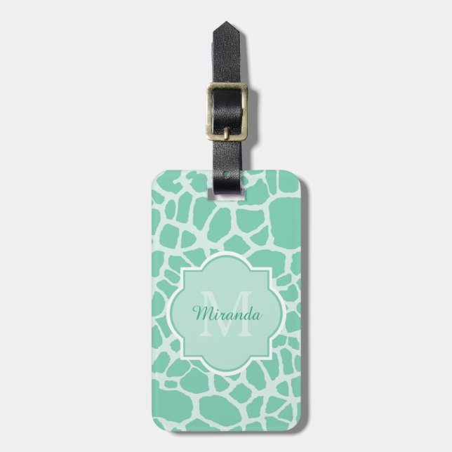Girl Mint Green Giraffe Print Monogram und Name Gepäckanhänger (Vorderseite vertikal)