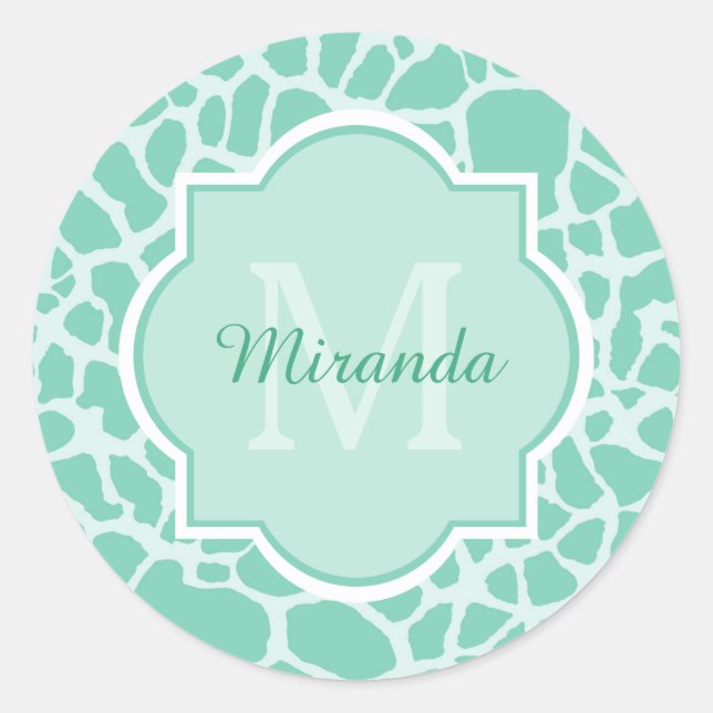 Girl Mint Green Giraffe Print Monogram und Name Runder Aufkleber (Vorderseite)