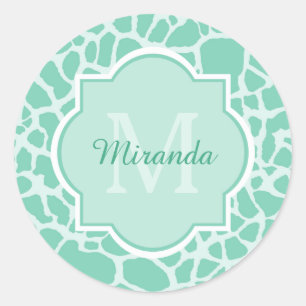 Girl Mint Green Giraffe Print Monogram und Name Runder Aufkleber