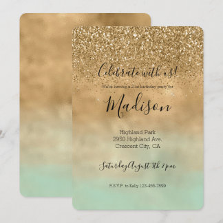 Girl Mint Watercolor Gold Glitzer Einladung