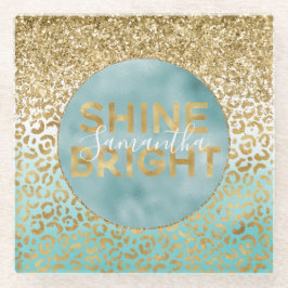 Girl Mint Watercolor Gold Leopard Print Shine Glasuntersetzer