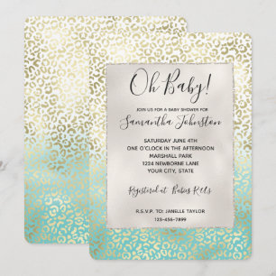 Girl Mint Watercolor Ombre Gold Leopard Print Einladung
