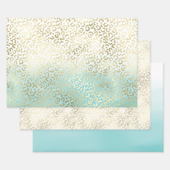 Girl Mint Watercolor Ombre Gold Leopard Print Geschenkpapier Set (Set)