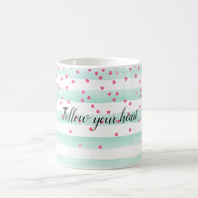 Girl-Minze-Weiße Streifen rosa Confetti-Herzen   Kaffeetasse (Mittel)