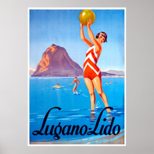 Girl mit Beachball am Luganersee, Schweiz Poster