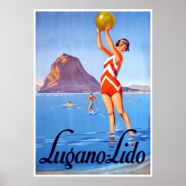 Girl mit Beachball am Luganersee, Schweiz Poster (Vorne)