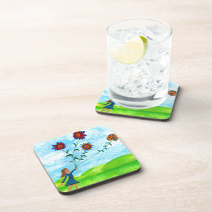Girl mit Blume Square Beverage Coaster Getränkeuntersetzer